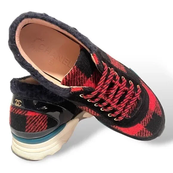 Chanel Women's CC Lace Up Sneakers Suede with Leather and Tweed|Size:US 8|IT 38|