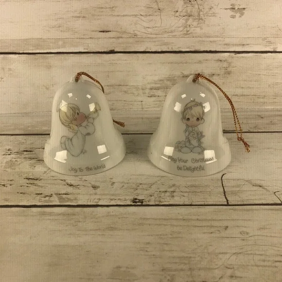 Precious Moments 1985 Christmas Bell Ornaments Set of 2 Enesco Joy To The World