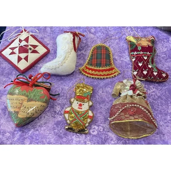 Vintage Victorian Style Lot Of 7 Christmas Holiday Ornaments Bell Stocking Heart