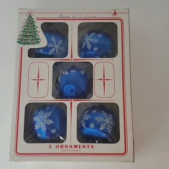 Essex Franke Vintage Silk Unbreakable Ornaments Blue White Snowflakes Set of 5
