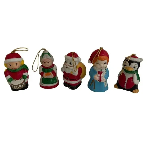 5 Vtg Hand-Painted Ceramic Christmas Bell Ornaments Santa Mrs Claus Drummer