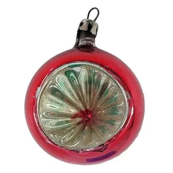 Antique Red Gold and Snow‎ Mercury Glass Polish indent Round Christmas Ornament