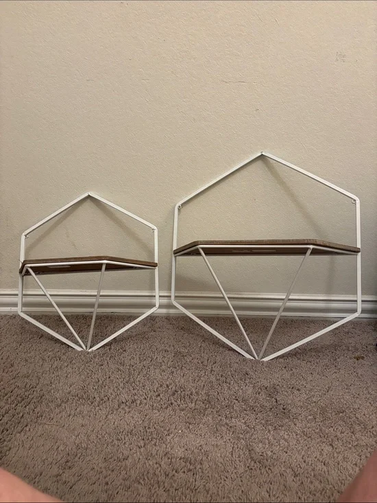 White Hexagon Metal Wall Shelves with Wood Panels - Set of 2