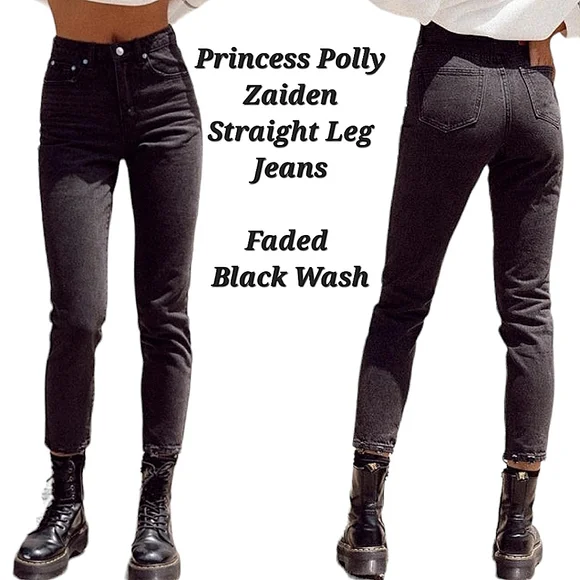 Princess Polly Zaiden Straight Leg Jeans Faded Black Wash Denim Distressed 4