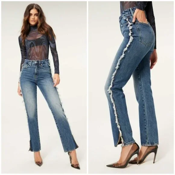 💕GOOD AMERICAN💕 Good Boy Side Frayed Straight Leg Jeans ~ Blue 818 8/29 NWT