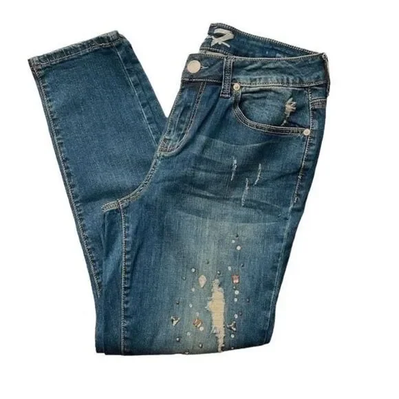 Seven7 Womens Ankle Skinny Distressed Embellished Stretch Mid Rise Blue Size 8‎
