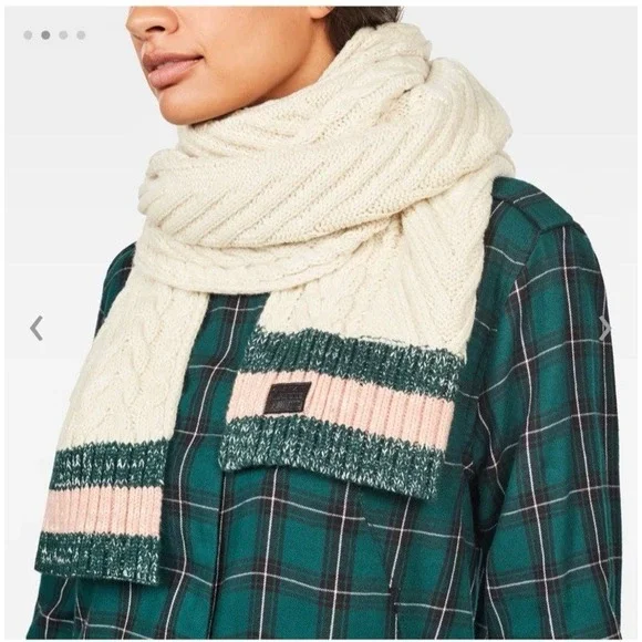 G-Star Raw Sash‎ Soft Touch Coac Knit Scarf Ivory Stripe Trim Organic Cotton