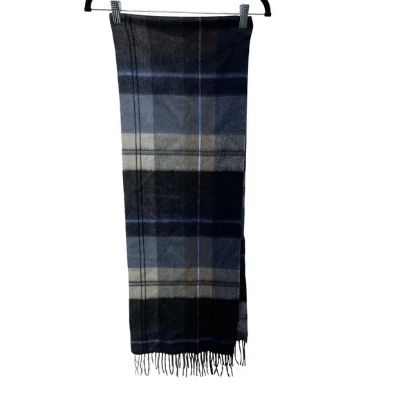 Nordstrom Mens Shop 100% Cashmere Scarf Blue Grey Plaid Fringed Winter Neckwear