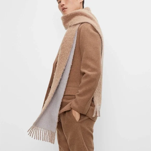 Cozy Wool Scarf - New With Tags - NEVER WORN - Dark Camel/Grey