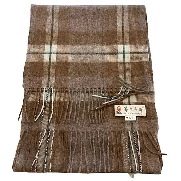 Erdos Pure Cashmere Light Brow Plaid Men's Scarf With Fringe 12