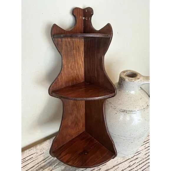 Vintage Dark Wood Corner Shelf 3 Tier Scalloped Wall Hanging Curio Display 18”
