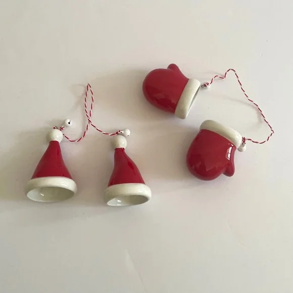 Ceramic Christmas Ornaments Hat Mitten Jingle Bell Holiday‎ Decor Set