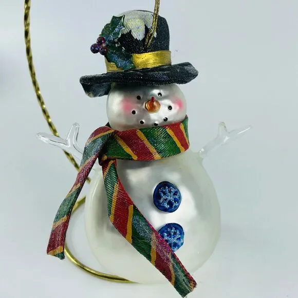 Glass Snowman Ornament Christmas Holiday Large Hand Painted Cloth Hat Scarf