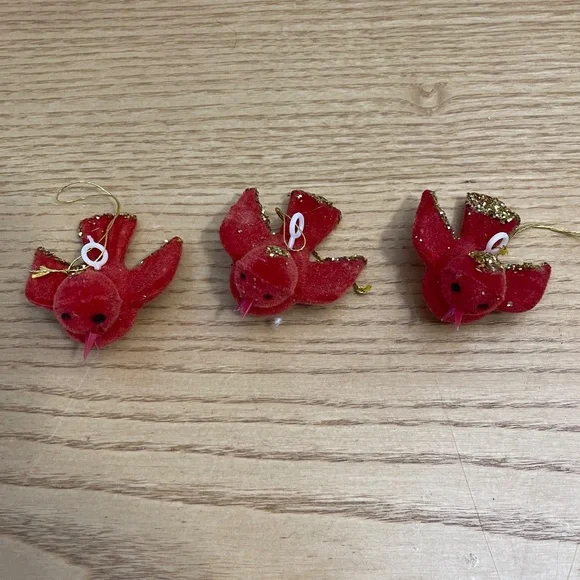 Vtg Flocked Doves Christmas Ornaments Love Birds Set 3 Red Mid Century Modern 3”