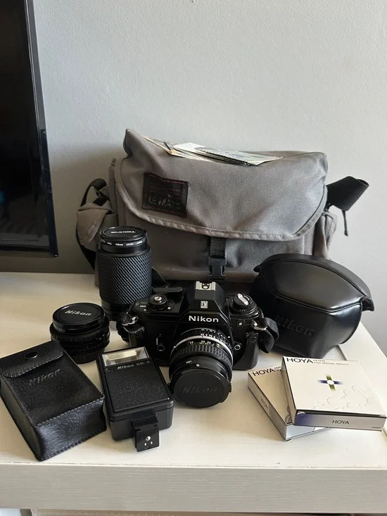 Vintage ‘93 Nikon EM 35mm Film Camera with 3 Lenses & Accessories