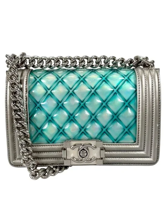 Chanel Boy Enamel Leather Lambskin Silver Light Blue Shoulder
