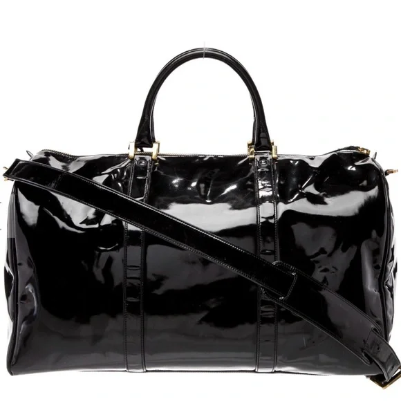 Vintage CHANEL CC Logo Patent Leather Duffel Travel Bag Black