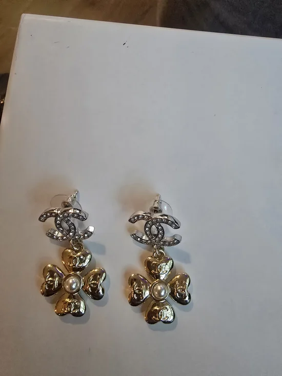 Chanel- Two-Tone Crystal Logo Drop Earrings - Gold & Silver