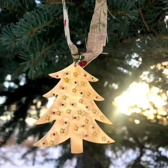Handmade stamped gold tone brass tree holiday a Christmas‎ ornament