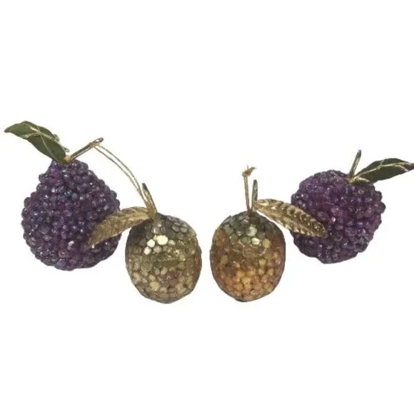 VTG Mosaic Glass Tile Pomegranate & Beaded Pear Plum Christmas Tree Ornaments