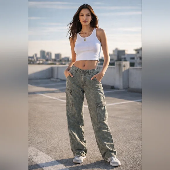 Tinseltown Green High Rise Wide Leg Cargo Pants Cozy Casual Chic Streetwear
