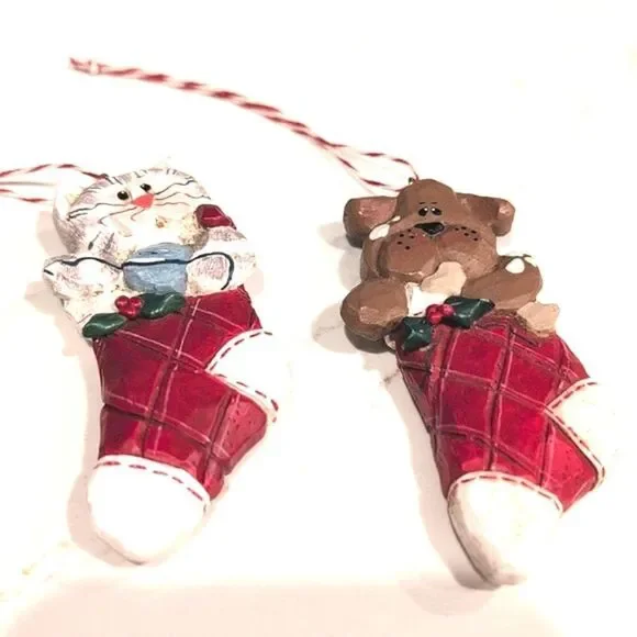 Cat and Dog Christmas Ornaments Artist Signed by Eddie Vintage Set of 2