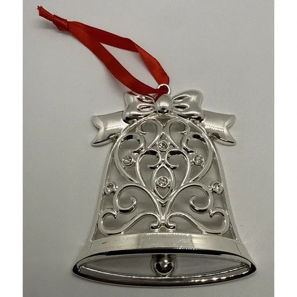 Lenox SPARKLE and SCROLL BELL Multi Crystal Silverplate Christmas Ornament Stamp