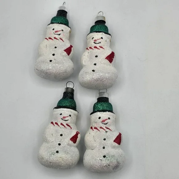 Glass Glitter Snowmen Christmas Ornaments White - Set‎ Of 4 Vtg 90s