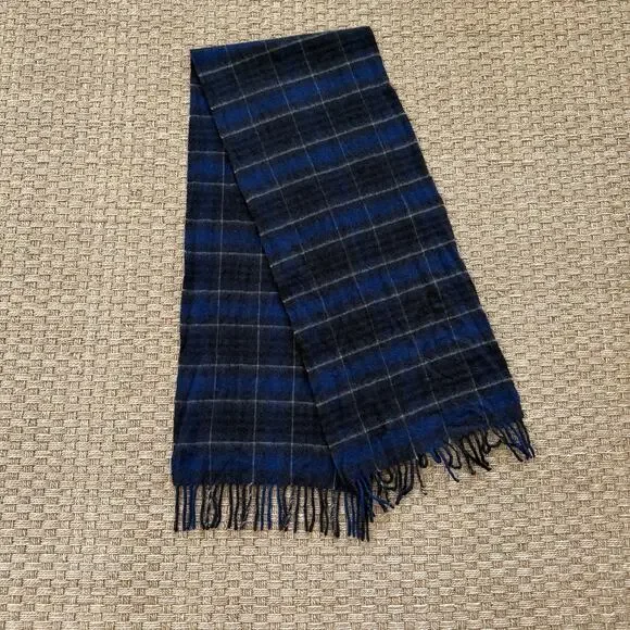 Saks Fifth Avenue 100% Cashmere Blue Plaid Scarf Made In USA
