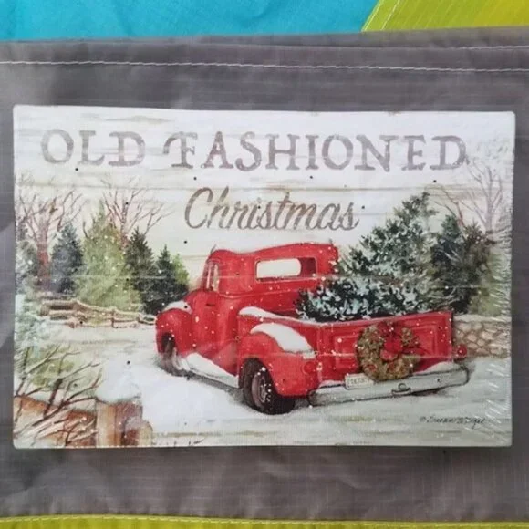 Vintage Red Truck “Old Fashioned Christmas” Wall Art – Holiday Home Decor