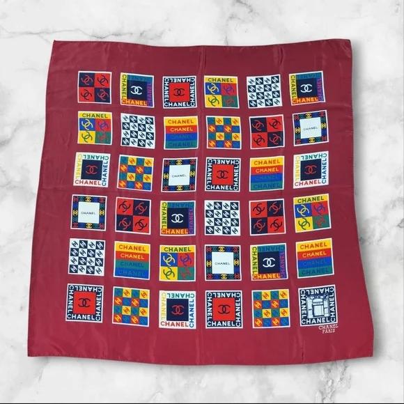 CHANEL Vibrant Geometric Logo Multicolor 100% Silk Scarf Burgundy 35x35