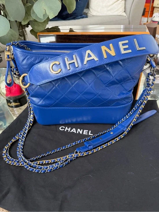 CHANEL Royal Blue Quilted Leather Shoulder Bag with Gold Accents