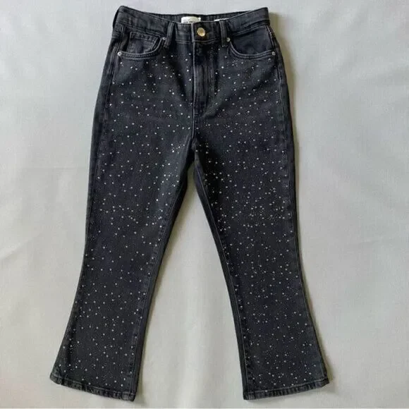 Flared Cropped Black Rhinestone Capri Jeans Size 6S