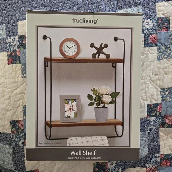 NEW True Living 2 Tier Wall Shelf, Natural Wood, Black Metal, 11.6