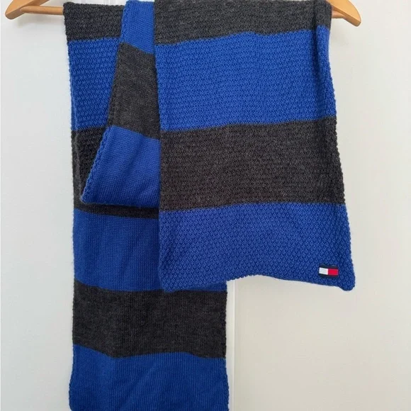 Tommy Hilfiger Blue and Gray Striped Wool Scarf