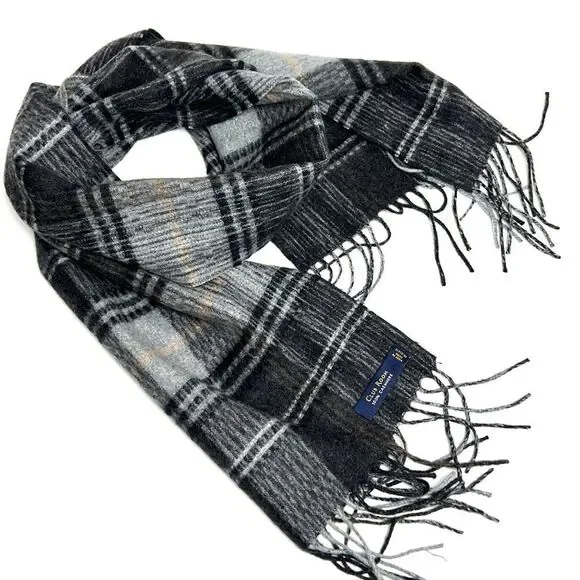 NWOT Club Room 100% Cashmere Plaid Gray Scarf 11,5x66
