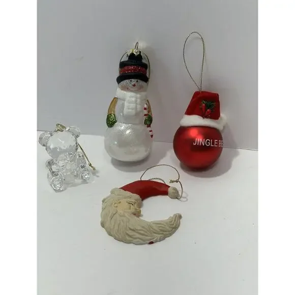 Lot 4 Christmas Tree Ornaments Snowmen, Clear Bear, Moon Santa, Jingle Bell Ball