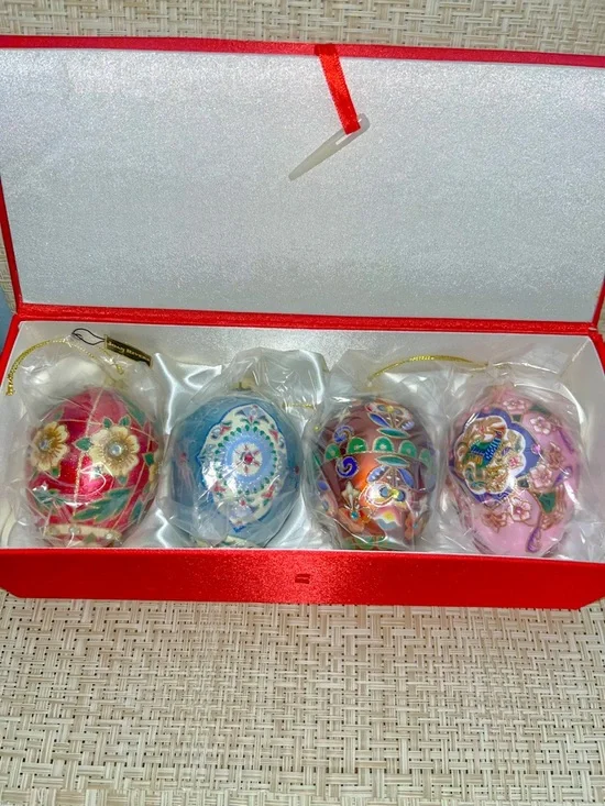 Joan Rivers Red Pink Blue Faberge Egg Ornaments Set of 4 4 Inch