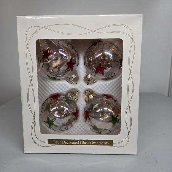 Vintage Set of 4 Glass Star Decorated Christmas Ornaments‎ Swirls Hand Painted