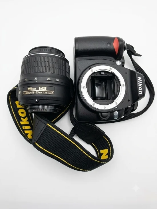 Nikon DSLR Camera Body with Black 18-55mm Lens and Black/Yellow Strap