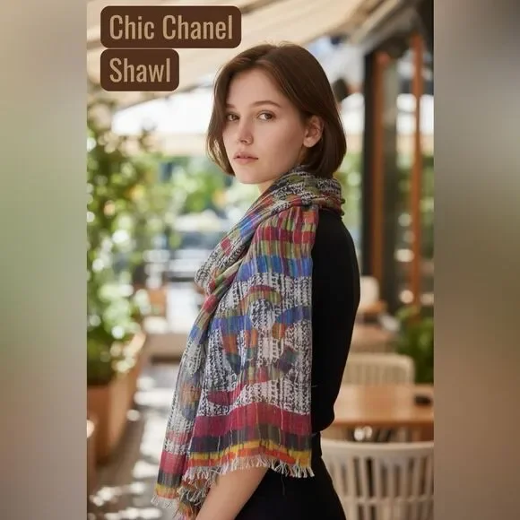 Auth Chanel Multicolor Cashmere Modal Silk Blend Striped Wrap Shawl Stole Scarf