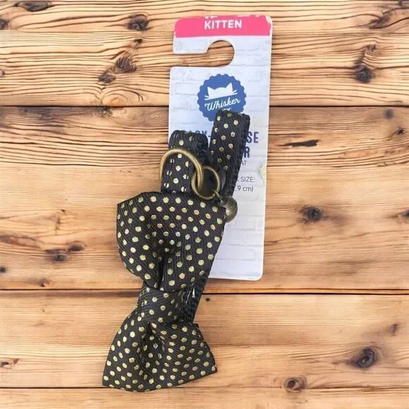 NWT New Whisker City Pet Adjustable Kitten Collar Black/Gold Polka Dots Bow OS