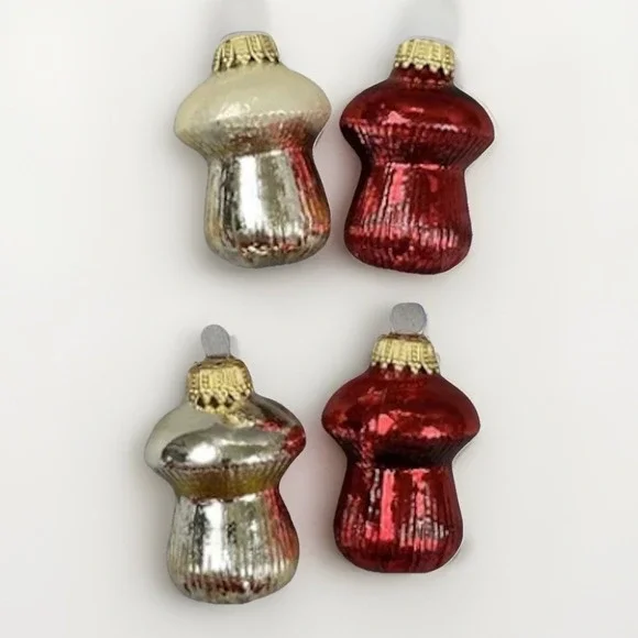 Vintage Mushroom Ornaments Silver Red Glass Christmas MCM - Lot Of 4 - Germany