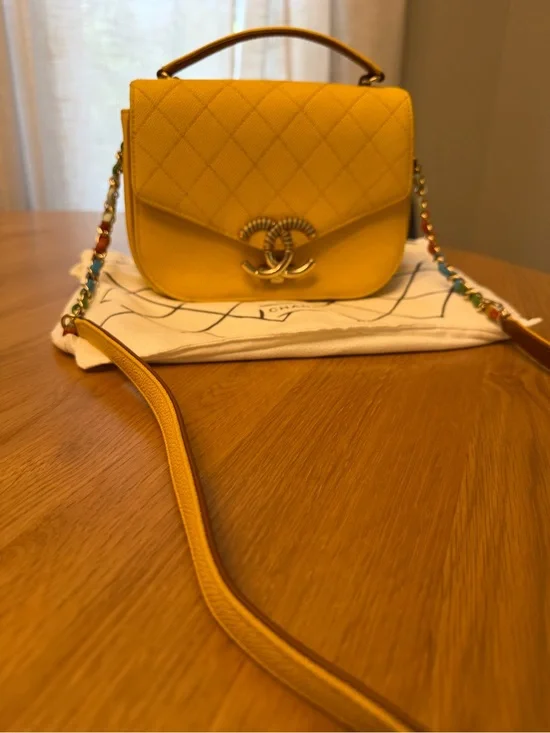 Authentic Chanel 17C Coco Cuba Handle Yellow Caviar Rainbow CC Flap