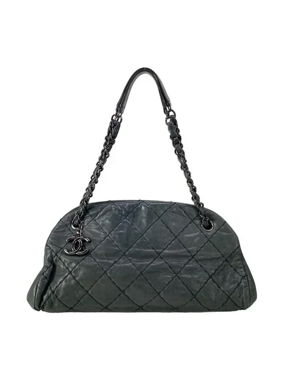 Chanel Shoulder Bag Mademoiselle Bowling Black Chain Silver Leather