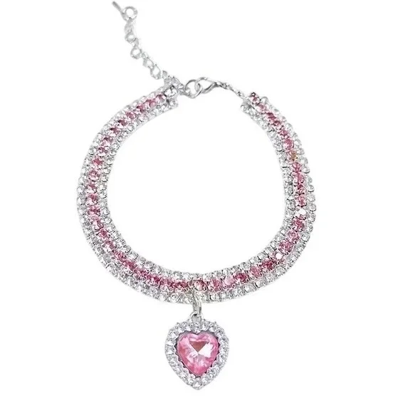 New Quirky Lizard Rhinestone Heart Collar Necklace Dog Cat XL Pink Silver Choker