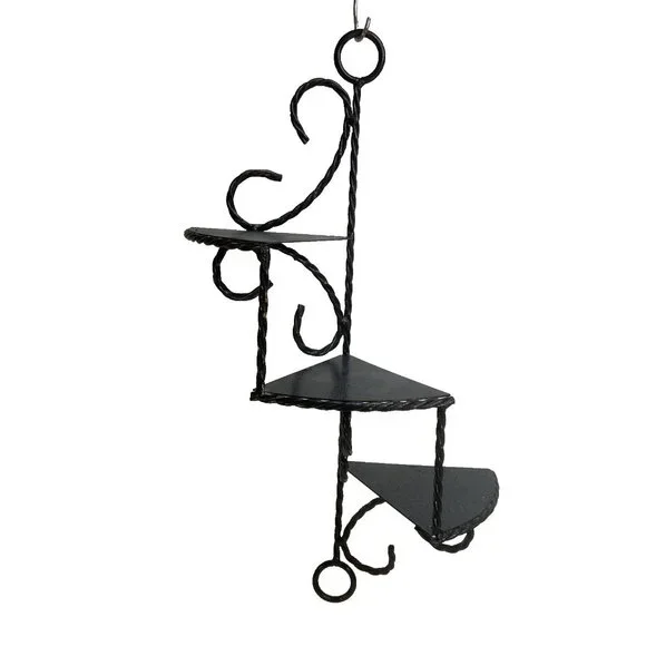 Vtg Twisted Wrought Iron Wall Shelf Black 3 Tiered Spiral Stair Ornate