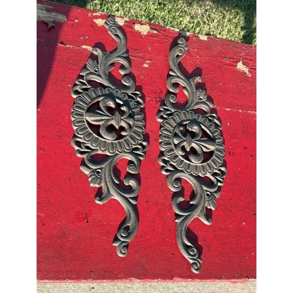 Vintage Set Of 2 Cast Iron Scroll Topper Old World Wall Plaque Decor 18