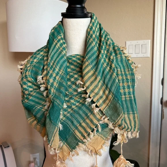 Tan and Green Metallic Unisex Traditional Scarf