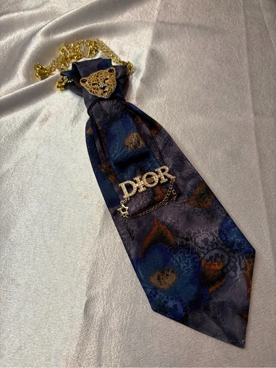 Dior Navy and Gold Floral Silk Tie Necklace with Gold Dior Pin